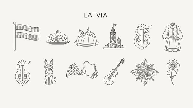 Collection of iconic symbols representing Latvia's rich culture and heritage