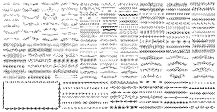 Hand drawn dividers and frames collection. Decorative calligraphic design elements set. Vector ornamental borders, flourishes for wedding invitations, certificates, and text decoration.