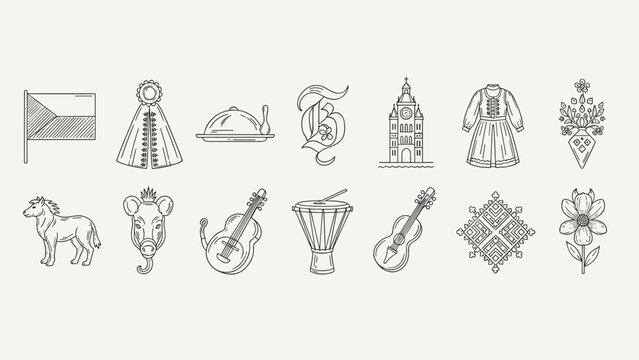 Collection of Czech cultural symbols and icons in a minimalist line art style
