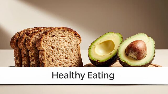 Bread  Avocado halves sit together on a light surface Text Healthy Eating is below in the foreground