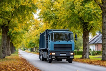 Fototapeta premium Blue dump truck driving on residential autumn street