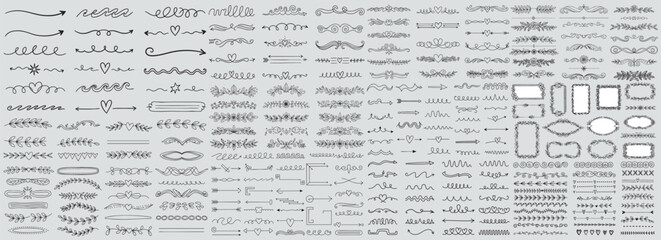 Obraz premium Collection of hand drawn wedding dividers. Vector calligraphic lines, vintage borders and floral laurels. Vector isolated flourish ink elements.