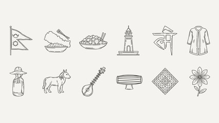 Collection of Nepal cultural symbols and landmarks in a simple line art style