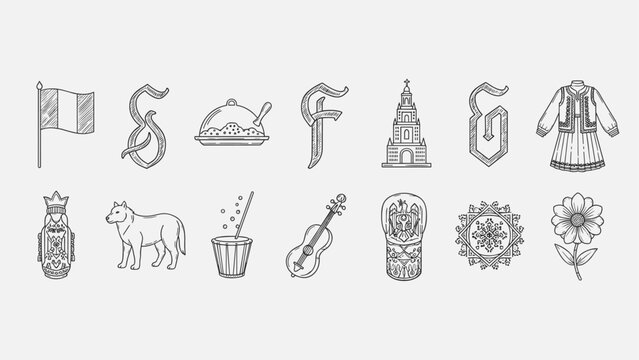 Collection of Romanian cultural symbols and elements in a hand-drawn sketch style