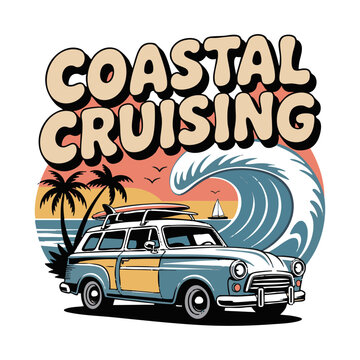 Retro seaside vacation illustration with surf wagon
vector, easily editable.