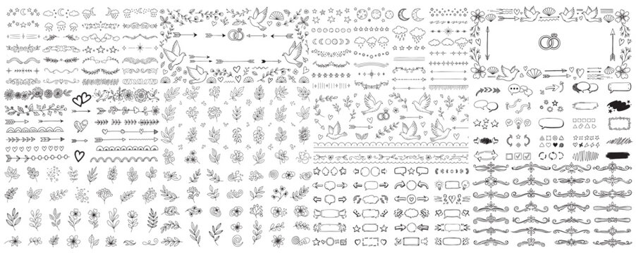 Set of design elements. Wreath, frames, calligraphic, swirls divider, laurel leaves, ornate, award, arrows. Vintage line decoration frames collection