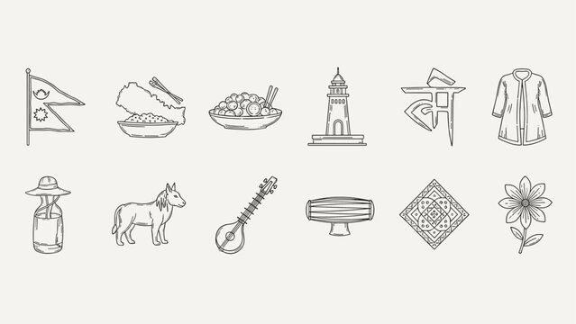 Collection of Nepal cultural symbols and landmarks in a simple line art style