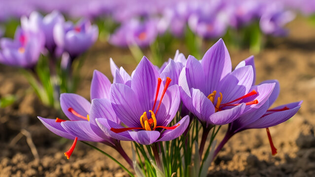 Purple saffron flowers blooming in a field with red stigmas and yellow stamens. Realistic photo of a valuable spice plant for agriculture, nature, and herbal concepts.