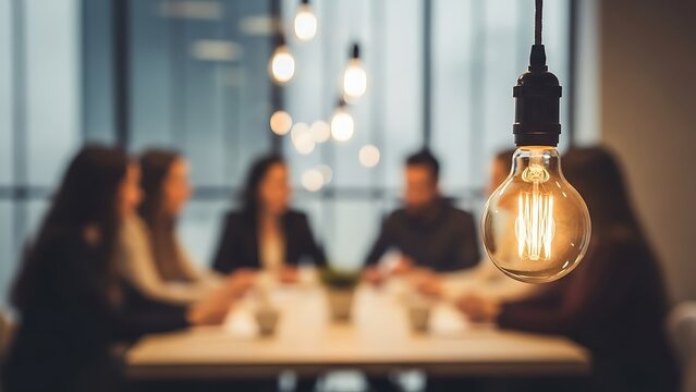 Glowing incandescent light bulb in the foreground with a blurred business meeting in a modern conference room.