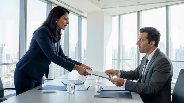 Business professionals shaking hands and exchanging documents in a modern office. Man and woman discussing a contract during a meeting. Corporate partnership and recruitment concept