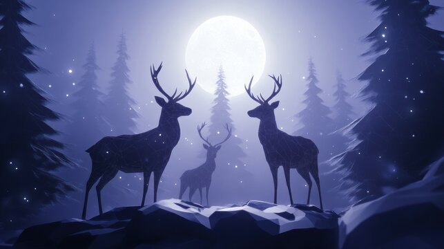 Silhouettes of deer in a winter forest at night, under a full moon