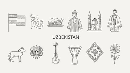 Fototapeta premium Collection of Uzbekistan national symbols and cultural icons in a line art style