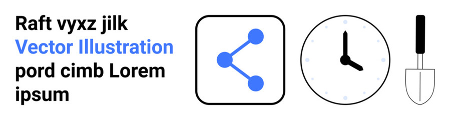 Social media, time management, gardening, communication, productivity, connection. Icon set with a sharing symbol, clock and gardening trowel. Social media and time management concept