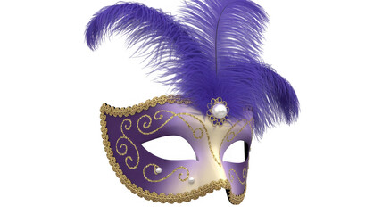 Purple masquerade mask with feathers gold decorations isolated on a transparent background