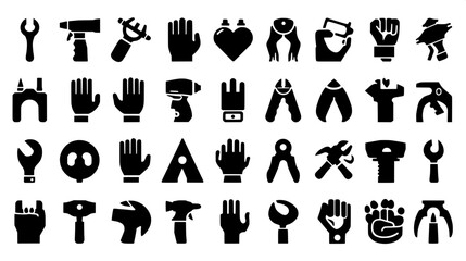 Multiple hand tools silhouette collection, monochrome black shapes, white background, flat icon style, evenly spaced layout