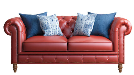 Luxury red leather tufted sofa with decorative blue and white pillows classic living room furniture isolated on white background