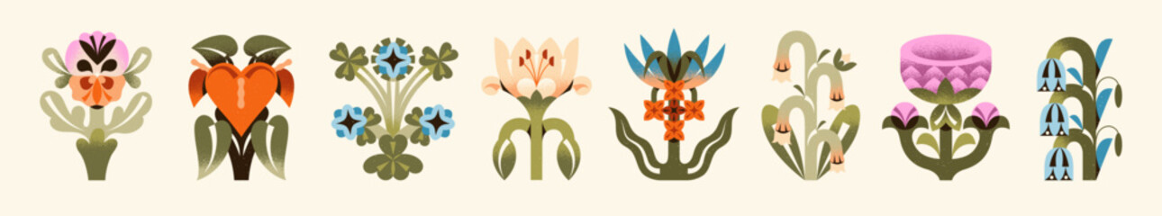 Fototapeta premium Different abstract flowers set. Wildflowers in symmetrical and irregular styles. Blooming meadow plants with strange leaves. Modern floral decoration. Flat isolated vector illustrations on white