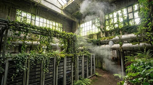 Overgrown abandoned server room nature reclaiming abandoned data center overgrown with plants abandoned,.