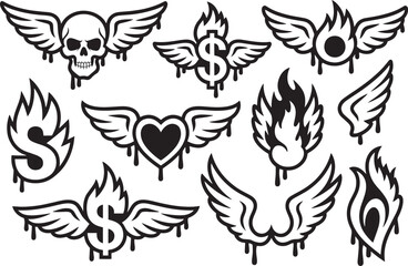Tattoo Wing Symbols with Skull, Dollar Sign, Heart and and Flame