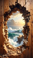 Ocean waves crash through a splintered wooden wall, revealing a seascape and mountains under a bright sky