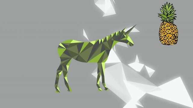 Animation of falling pineapples and deer with geometric shapes on gray background