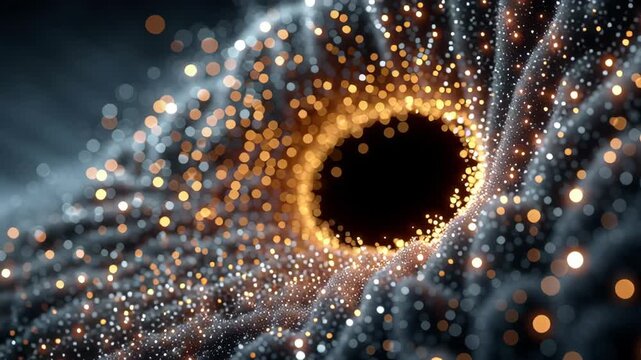 An abstract depiction of a cosmic spiral filled with luminous orange and white particles set against a dark backdrop. the swirling motion and glowing particles create a sense of depth and mystery, ide