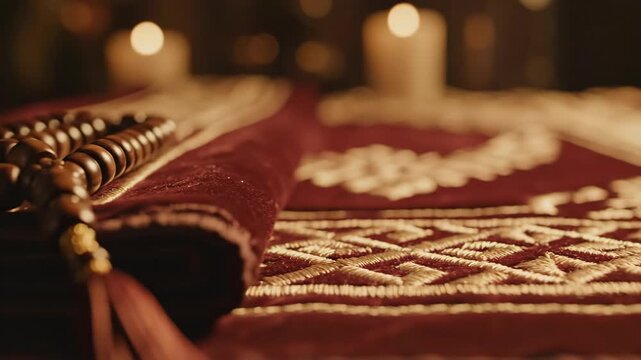 Closeup shows prayer beads on a red patterned mat with candle lights blurred in the background