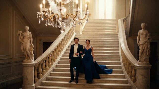 Elegant couple in formal attire walking down a grand marble staircase. Man in tuxedo and woman in blue gown descending stairs in a luxury palace. Gala and high society event concept. Cinematic shot