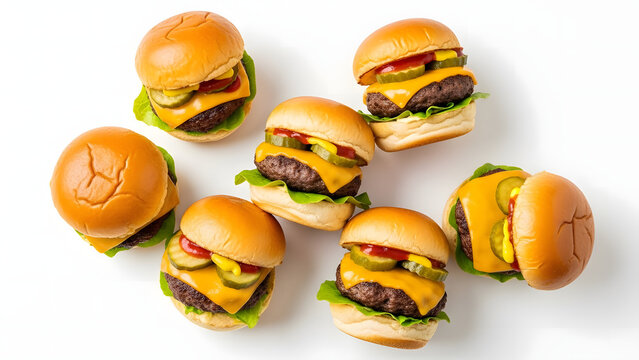 Assorted mini cheeseburgers with lettuce, tomatoes, and pickles on white background  