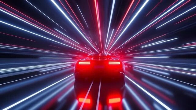 Racing through the night: A car is dashing along the road at the night with neon light speed trails to emphasize speed and motion.