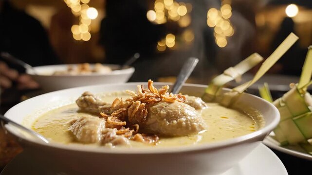 Creamy chicken soup topped with fried onions served with woven rice pouches sits in a bowl on a table