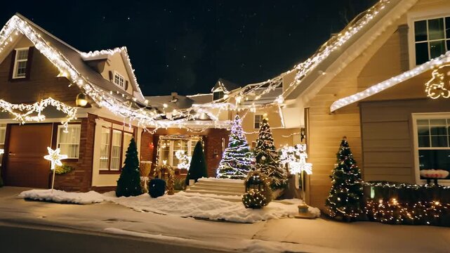 Christmas decorated houses on the street of a small European town. Festive holiday cheer fills a European town street lined with beautifully decorated, glowing Christmas houses.