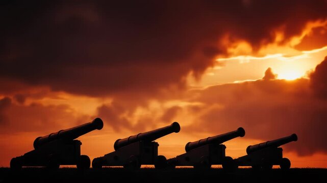 Silhouetted Military Artillery Cannons Against Dramatic Sunset Sky