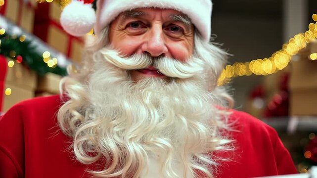 Santa Claus sits in the warehouse of his factory and keeps a record of gifts. Warehouse of gifts of Santa Claus. Accounting and distribution Christmas gifts for all children on the planet.