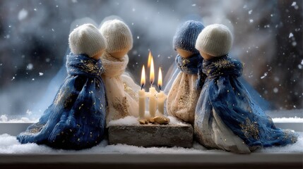 A family gathers around a menorah to light the first Hanukkah candle on a snowy winter day, dressed in cozy blue-white scarves, capturing joyful moments of cultural celebration and tradition. 