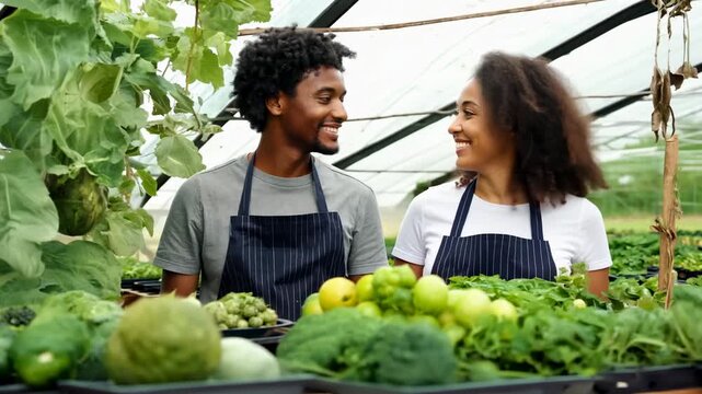 Young African American couple with their garden vegetable crop. A young African American couple smiles as they pick ripe vegetables from their garden.