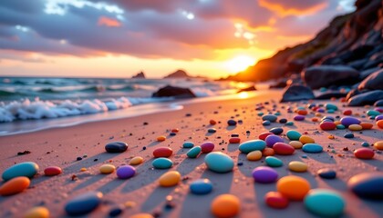 Obraz premium Peaceful Dawn Beach with Colorful Pebbles and Mist