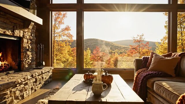 Cozy fall living room featuring fireplace, pumpkins, mug, couch and view of autumnal forest with large framed windows