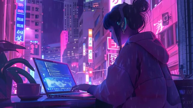 A cyberpunk scene with a person coding on a laptop in a neon-lit cityscape. The side angle captures a futuristic vibe, perfect for a tech-themed video. Live desktop wallpaper.