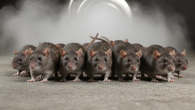 A group of many rats on a gray concrete surface. Pest control concept for infestation and rodentia. Animal problem, science, laboratory.