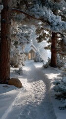 A serene winter landscape invites warmth inside a cozy cabin as frost-covered evergreen branches frame the path leading to its glowing window.