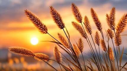 Fototapeta premium Golden wheat ears swaying in sunset light