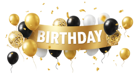 Happy birthday celebration with balloons and banner isolated on transparent background