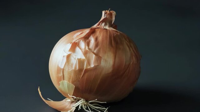 A single purple onion with the top cut off, sitting on a flat surface against a plain background.