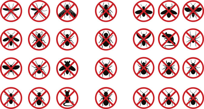 No insects and pests signs vector set with crossed bug symbols for pest control and warning design