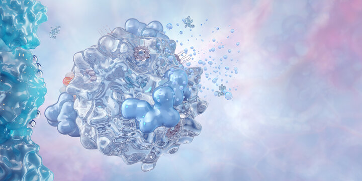 Liposomal nanocarrier delivery system, 3D biomaterial visualization. Controlled release of active molecular ingredients, skincare technology, regenerative medicine, pharmaceutical nanotechnology
