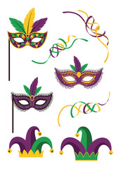 Obraz premium Festive mardi gras or carnival accessories including ornate masks with feathers, jester hats, and colorful swirling ribbons.