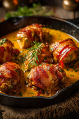 Fototapeta premium : Bacon Wrapped Chicken in Creamy Sauce – AI generative