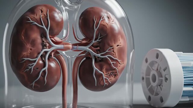 Display of two kidneys veins and pipes under a glass dome with a white roll of blue objects beside it