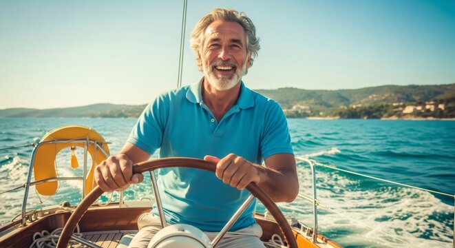 Man sailing on yacht. Smiling mature man enjoying active recreation. Happy retirement, summer vacation concept.